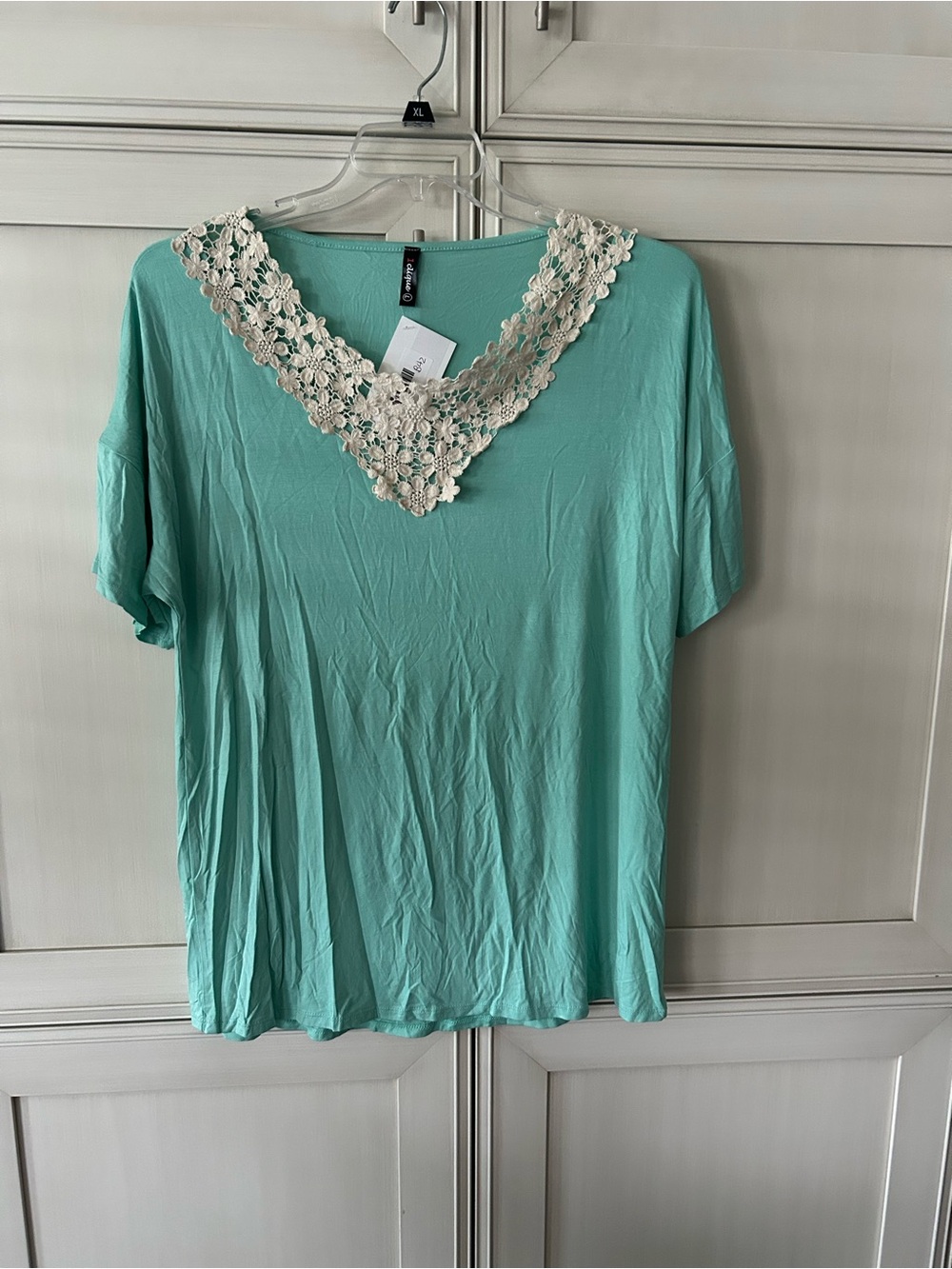 Clique Teal Short-Sleeve V-Neck Top with Cream Lace Trim